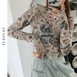 Yedinas Kore Tarzı Uzun Kollu Mesh T-Shirt Kadın Komik Sanat Baskı Thirt Through Through Folds Tasarım Kırpma Seksi Streetwear 210527