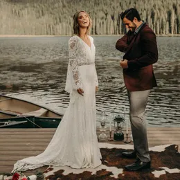 Bohemian Mermaid Wedding Dress 2021 Sexy Backless Bride Dresses Cotton Crochet Lace Long Sleeve Country Boho Beach Bridal Gowns