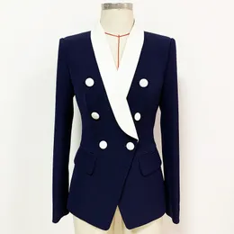 New Style Top Quality Original Design Women's Double-Breasted Blazer Slim Jacket Contrast Color Retro Shawl Collar Outwear Navy 2112