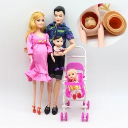 6pcs Happy Family Kit Toy Dolls Pregnant Babyborn Ken&Wife with Mini Stroller Carriages For Baby Dolls Child Toys For Girls Gift 220315