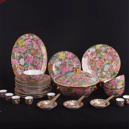 24K本物のゴールドの昔ながらの/ Jingdezhen Cultural Revolution handpaintedピンクの花54ティーウェア食器Sethighquatity