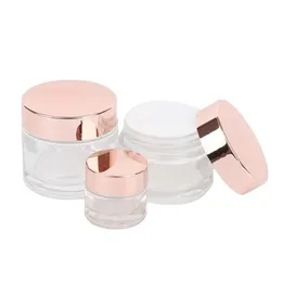 2022 Ny Clear Glass Jar Face Cream Bottle Cosmetic Makeup Container med Rose Gold Lid 5g 10g 15g 20g 30g 50 g 100g Förpackning Flaskor