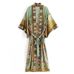 Etniczne V Neck Peacock Flower Print Kimono Koszula Bohemey Koszulki z Sashes Long Cardigan Luźna bluzka Topy Q190517