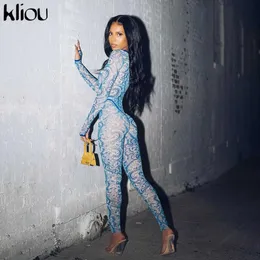 Kliou Mode Mönster Print Mesh Spliced ​​Two Piece Set Kvinnor Långärmad Se igenom Bodysuit Leggings Slim 2 Piece Outfit 210714