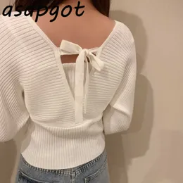 Pullovers Sweaters&Jumpers Fashion White Fake Two Piece Knitted Tops Short Chic Korean Lace Up Puff Long Sleeve Knitwear Retro 210610