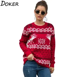 Elk Print Christmas Sweater Kvinnor Höst Vinter O-Neck Långärmad Stickad Jumper Pullover Röda Tröjor och Pullovers Femme 210604