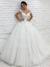 2021 Elegant Tulle Princess Wedding Dresses Sheer Neck Cap ärmar Spets Applique Brudklänning med bakknappar Robe de Mariage 328 328
