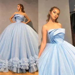 Sparkly Light Sky Blue 2022 Prom Klänningar Beaded Ruffles Ball Gown Evening Wear Formal Party Gowns