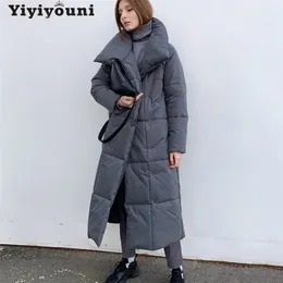 Yiyiyouni Oversized Tjock Long Parkas Kvinnor Solid Långärmad Knapp Fickor Jacka Kvinna Casual Straight Winter Coat Lady 210819