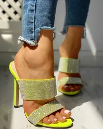 WDHKUN Woman Party Wedding Pumps Slides Plus Size 41 Sexy Yellow Crystal Sandals Women Summer 2020 Stiletto Heel Gladiator Shoes X0526