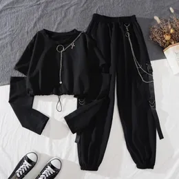 Women's Suits & Blazers Women Harajuku Cargo Pants Set Joggers Trousers Two-piece Suit Punk With Chain Emo Egirl Clothes Aesthetic