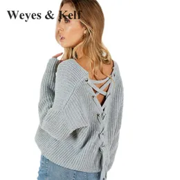 Swetry damskie Weyes Kelf moda szary lantern rękaw Sweter kobiety bandaż krzyżowo-krzyżowy pullover damskie zimowe dzianiny