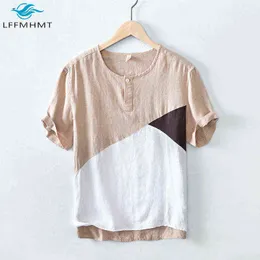 Men Casual High Quality Comfortable Breathable Healthy Linen Patchwork Short Sleeve T-shirt Japan Style Male Simple Chic Tee Top H1218
