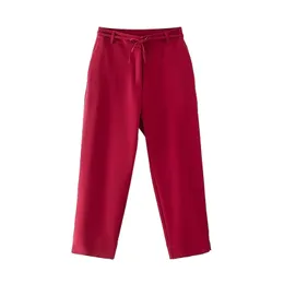 Elegant Women Chic Solid Red Straight Trousers Fashion Ladies Drawsting Pants Streetwear Female Causal Long 210527