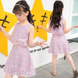 Zarif Tasarım Trendy Çocuklar Kız Dantel Elbiseler 2 in 1 Parça Yaz Giyim Çocuk Katmanlı 2 Parça Elbise Kızlar Için 4-12 Y 210303