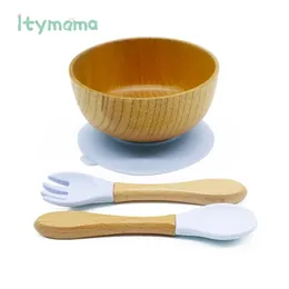 아기 먹이 그릇 숟가락 포크 음식 식기 키즈 나무 훈련 접시 실리콘 흡입 컵 이동식 어린이 요리 제품 211026