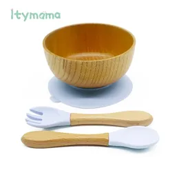 Baby Feeding Bowl Spoon Fork Mat Porslin Barn Trä Träningsplatta Silikon Sugkopp Avtagbara Barnrätter Varor 211026