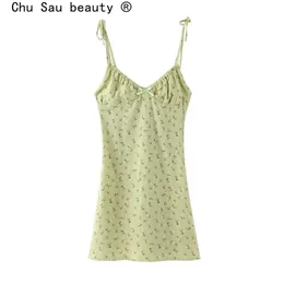 Chu Sau beauty Casual Chic Floral Print Sling Mini Dres Holiday Bow V-neck Dress Summer Sexy Backless Ladies Dresses 210721