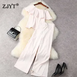 High Fashion Summer Lady Two Piece Outfits Women Ruffles Diamonds Top and Wide Leg Pants Suit Set Party Twinset 210601