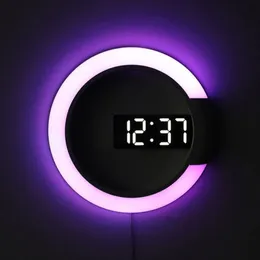 3D LED Digital Wall Alarm Mirror Hollow Watch Table Clock 7 Colors Temperature Nightlight For Home Living Room Decorations 210310