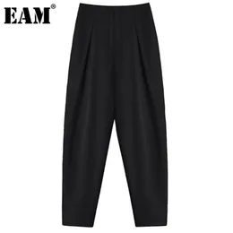 [EAM] Pantaloni Harem casual lunghi pieghettati neri a vita alta Nuovi pantaloni larghi da donna Moda marea Primavera Estate 2021 1DE0627 Q0801