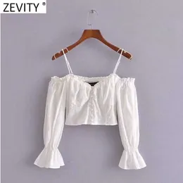 Zevity Women Sexy Off Shoulder Floral Embroidery Sling Smock Blouse Female Pleat Ruffles Shirt Chic Crop Blusas Tops LS9366 210603
