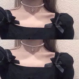 Punk Gothic Harajuku Pearl Chain Hollow Heart Shaped Pendant Retro Pearl Cross Choker Necklace Fashion Jewelry for Women Girls