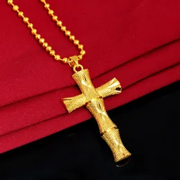 Krzyż Kształt 24K Yellow Gold Wisiorek Naszyjnik Dla Kobiet Chrześcijański Łańcuch Obojczyk Złoty Naszyjnik Walentynki Gospodarskie Biżuteria Prezent Q0531