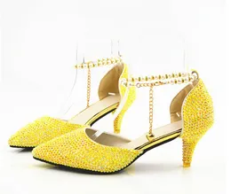 Kvinnor klä skor Ny citron gul spetsad diamant bröllopsko, kristall sandaler, vattenborr, bankett