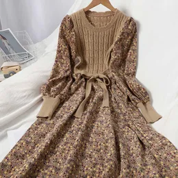 Corduroy blommiga kvinnor klänningar vintage stickad patchwork vestidos de mujer 2021 söt koreansk lång klänning a-line y1006