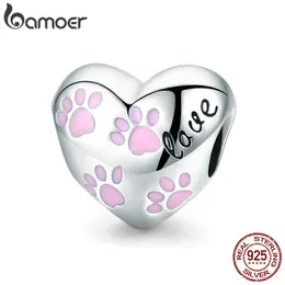 BAMOER Trendy New 925 Sterling Silver Love Animal Dog Footprints a forma di cuore Perline Fit Bracciali donna Gioielli fai da te SCC768 Q0531