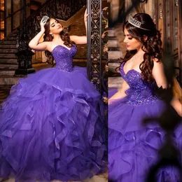 2021 Purple Ruffles Quinceanera Dresses Ball Gown Sweetheart Crystal Beading Plus Size Tulle Tiered Sweet 16 Vestido De 15 Anos Formal Party Prom Evening Gowns