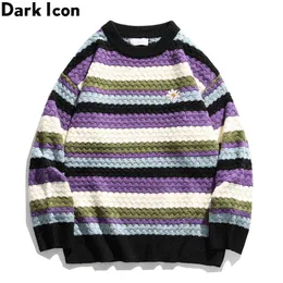 縞模様の花刺繍男性のセーター学生男の子女の子セータープレッピースタイルカップルセーター210603