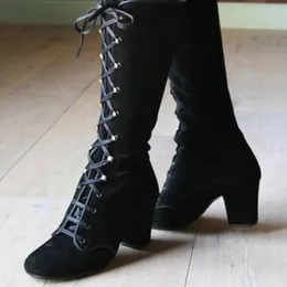 2022 Black Boots Women Shoes Knee High Women Casual Vintage Retro Mid-Calf Boots Lace Up Thick Heels Shoes