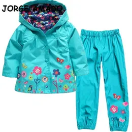 Spring Kids Girl 2-PCs Sets Skriv ut Hoodedjacka + Elastiska midjabyxor Vindskydd och regnskyddade barn Outfits E009 210610