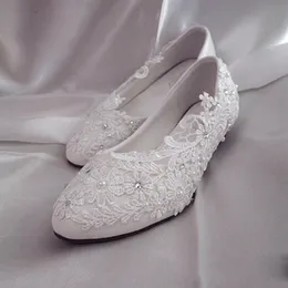 Kilar 3cm häl kvinna pumpar sko vit spets kristall pärlor brud fest middag proms klänning prinsessan låg häl dans skor