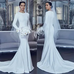 2022 Brudklänningar Elegant O-Neck Långärmad Satin Bröllopsklänningar Pläterad Vit Sweep Train Mermaid Robe de Mariage Vestidos Noiva