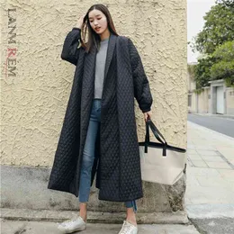 LANMREM Street Thin Style Nero Oversize Risvolto Bottone di sfiato Cappotto lungo da donna in cotone Jaqueta Feminina WTH1201 210819