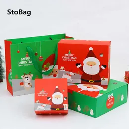 Stobag 10st Jul Santa Claus Grön / Rött handtag Papperspåsar för bakning Kakor Chokladpaket Tillbehör Tårta Dekoration 210602