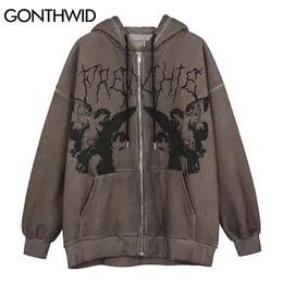 Gonthwid Fleece 후드 자켓 Streetwear 캐주얼 낙서 천사 인쇄 편지 자수 하라주쿠 힙합 남성 코트 탑스 outwear 211110