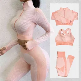 Fitness Suits Yoga Women Outfits Sets Long Sleeve Shirt+Sport Bra+Seamless Leggings Workout Running Clothing Gym Wear,LF051 210802