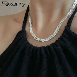 Foxanry 925 Sterling Silver Nyckelbenskedja Halsband Par Accessoar Trendig Elegant Vintage Flätad Twist Texture Festsmycken