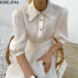 Korejpaa Kadınlar Elbise Yaz Kore Chic Zarif Mizaç Yaka Dantel Dikiş Tek Göğüslü Pileli Parlak Vestidos 210526