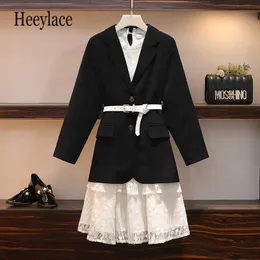 Lace Dress Two-piece Women Set 2019 Aummer New Fashion Black Blazer And Elastic Waist White Lace Cake Dress Sets With Belt Y1006