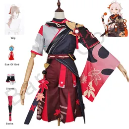 Genshin Etkisi Kazuha Cosplay Kostümleri Kimono Wig Pelerin Pantolon Gözden Gözden Günü Cadılar Bayramı Egzotik Kostüm Aksesuarları Prop Giyim Takımları Y0903