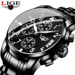 Wristwatches LIGE Business Mens Watches Top Luxury Chronograph Quartz Watch Men Black Stainless Steel Waterproof Date Clock Relogio Masculin