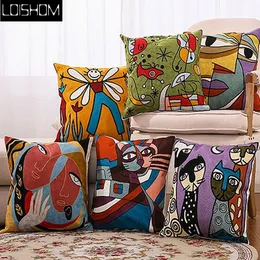 Drop Ship Cotton Canvas Embroidery Pillow Cover Picasso Cushion Cover Home Decor Cushion Decorative Pillow Case Pillow Sham 45cm 210315