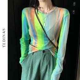 Yedinas Green Tie Dye Mesh Tshirt Women Y2k Aesthetic Long Sleeves T-shirt Slim Tops See Through Chic T Shirts Colorful Top 210527