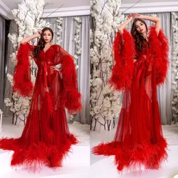 Ostrich Feather Women Sleepwear Långärmad Maternity Sexig Kimono Gravid Party Kvinnor Badrock Sheer Nightgown Robe Shawel