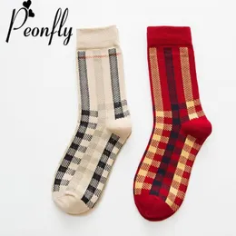 Socks & Hosiery PEONFLY 2021 Spring Lattice Stripe Pattern Sock Women Casual Comfort Cotton Harajuku Cute Stitching Female Red Khaki